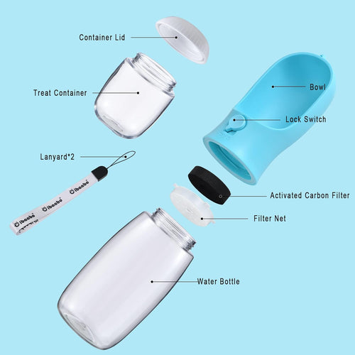 Portable Dog Water Bottle with Food Container and Filtration System for Travel