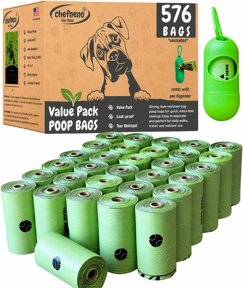 Premium Dog Waste Bags with Dispenser - 576 Unscented Bags in 32 Refill Rolls for Efficient Pet Cleanup