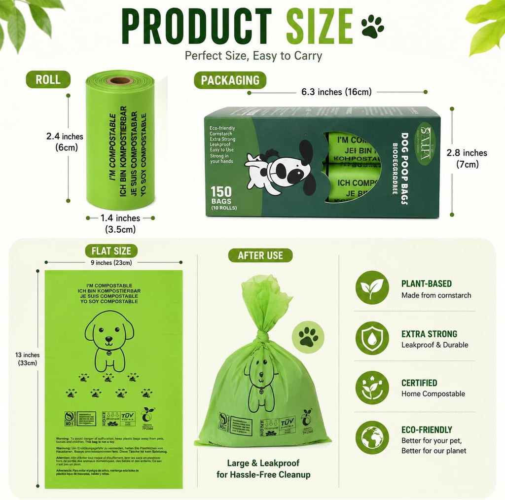 Certified Home Compostable Dog Waste Bags - Charitable Contribution with Every Purchase - ASTM D6400 & EN 13432 Compliant - 150 Plant-Based Compostable Bags