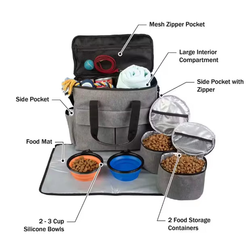 Weekend Pet Dog Food Travel Organizer Bag with Zipper Closure Dog and Cat Travel Set for Trunk Storage